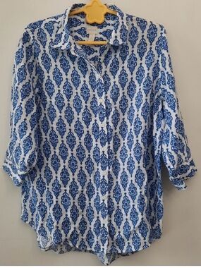 Chicos 100% Linen Blue & White Printed Button-Up Shirt Size 12